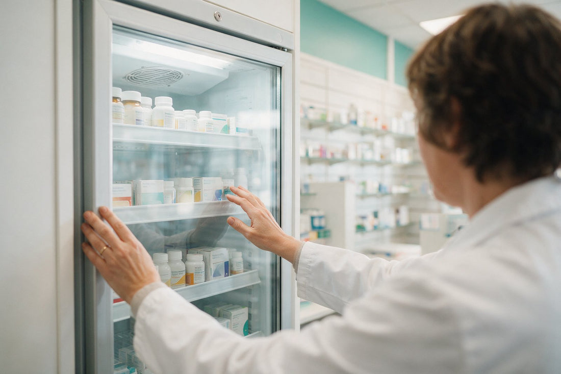 Pharmacist checking a refrigerated medicines cabinet — how UK practitioners source botulinum toxin