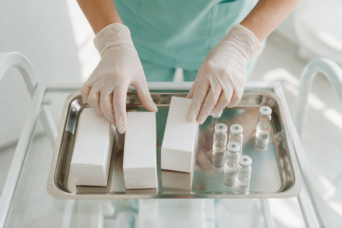 Gloved hands arranging filler boxes and vials on a clinic tray — dermal fillers buying guide