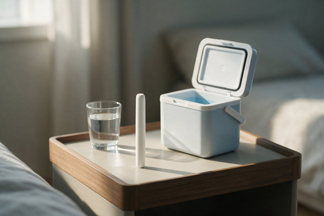 A DIY NAD+ pen on a bedside table beside its cool box — DIY NAD+ pen UK guide