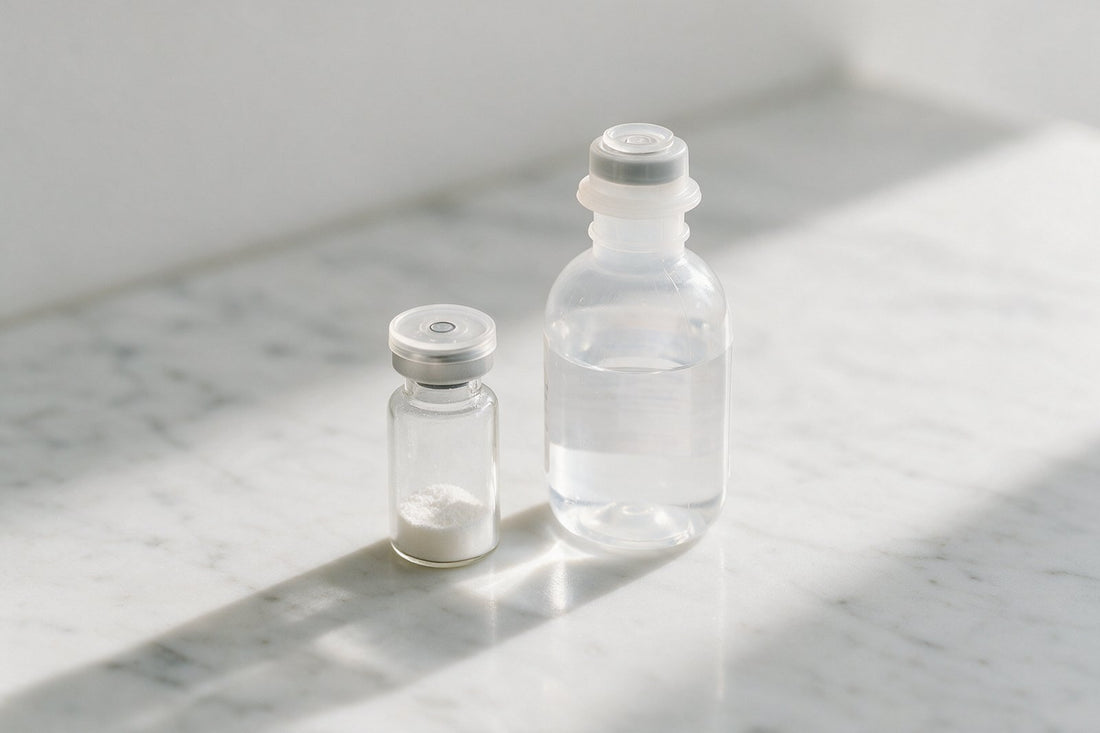 PLLA powder vial and sterile water on marble — Ecolla PLLA collagen stimulator