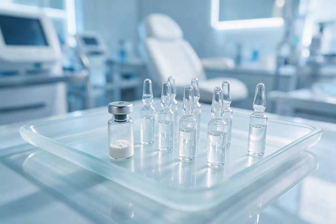 Lyophilised exosome vial and serum ampoules on a clinic tray — exosomes buying guide