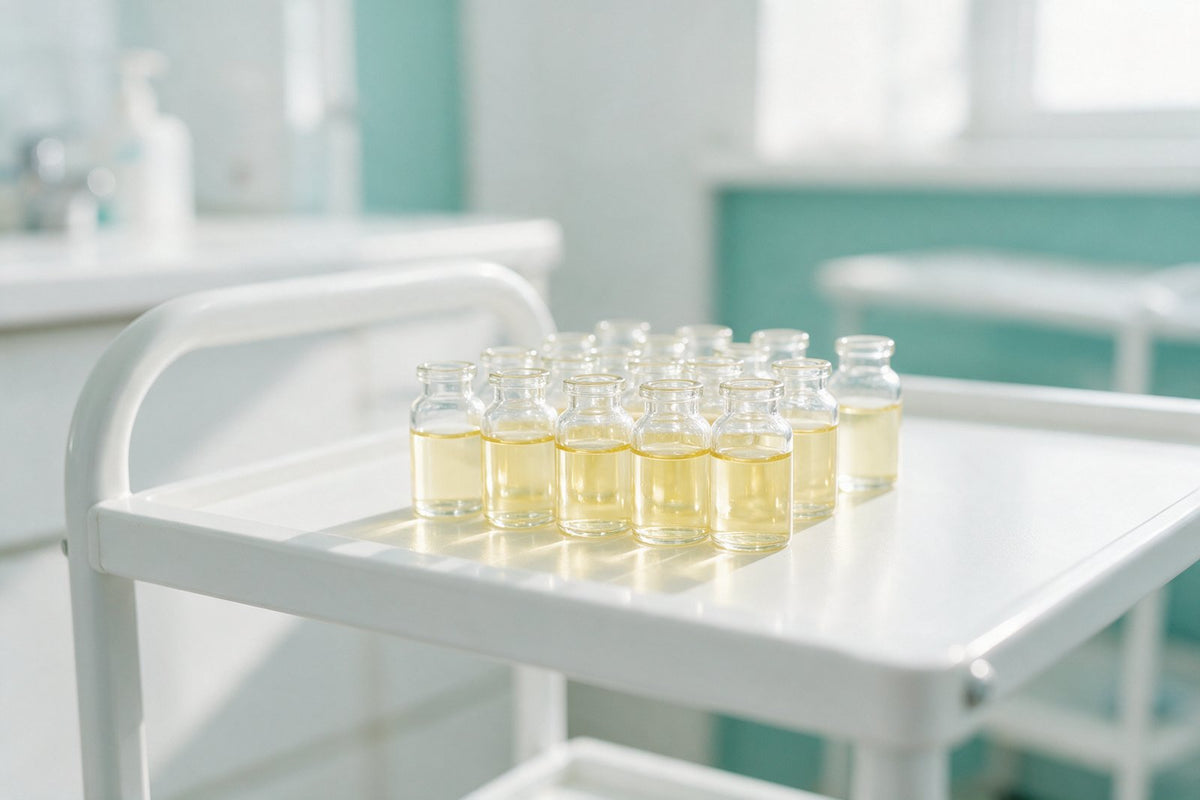 Row of fat dissolver vials on a clinic trolley — fat dissolvers buying guide