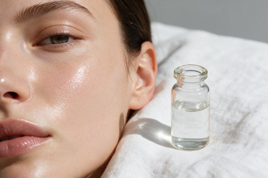 Dewy skin close-up with a glass vial — Kairax Enhance 45