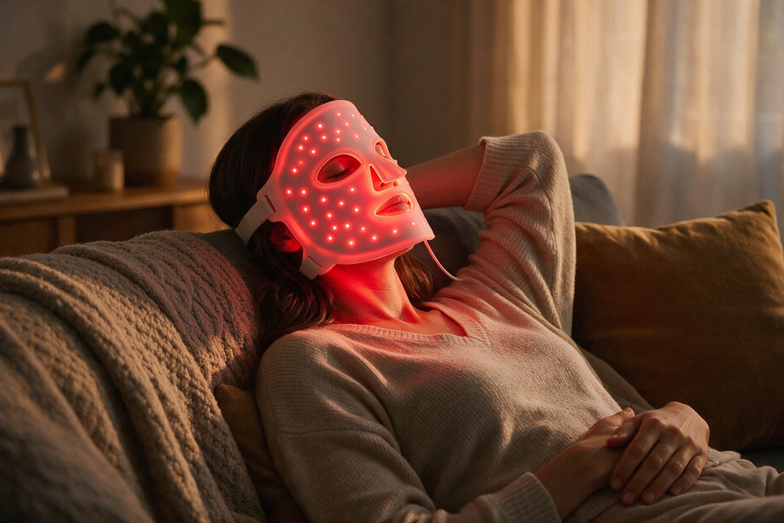 Relaxing at home in a red LED light therapy mask — Omnilux Contour Face vs Men vs Clear