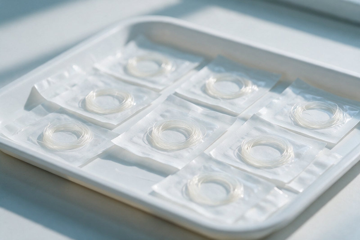 Absorbable threads in sterile pouches on a clinical tray — PDO threads buying guide