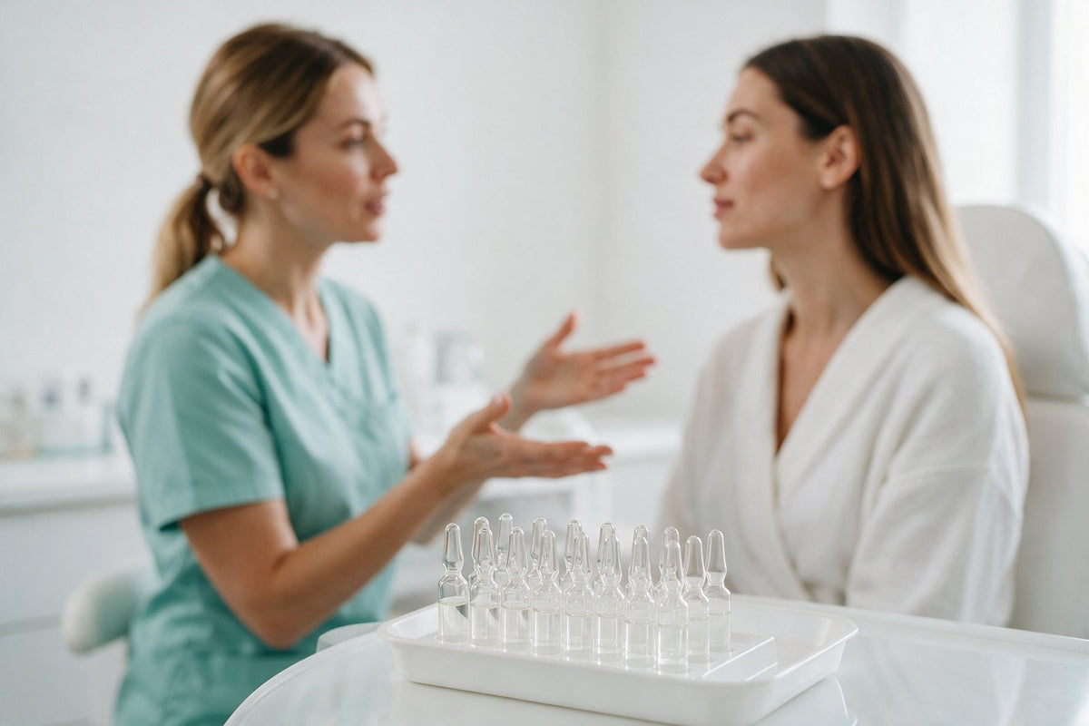 Practitioner in a consultation with a patient, a tray of Profhilo ampoules on the treatment table
