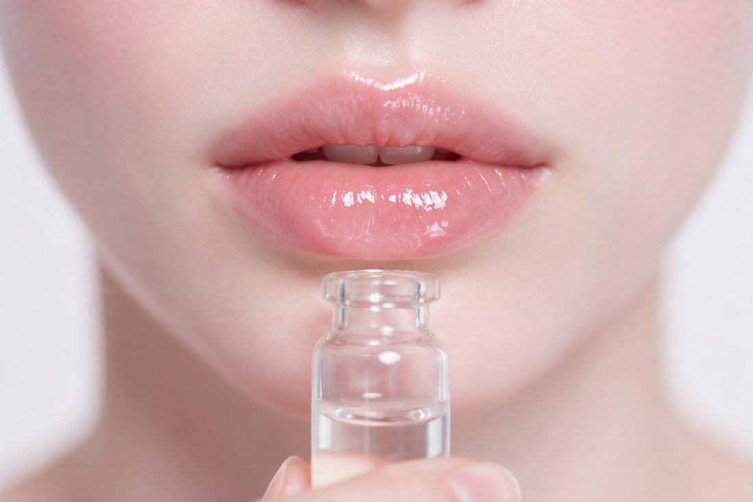 Glossy hydrated lips with a small glass vial — Puri Lips lip booster