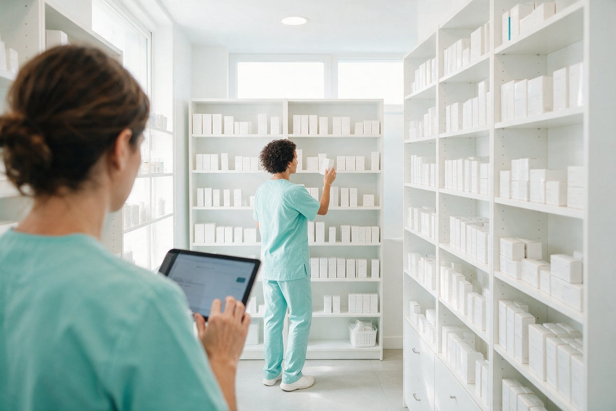 Practitioner checking stock in a clinic store room — where to buy dermal fillers in the UK